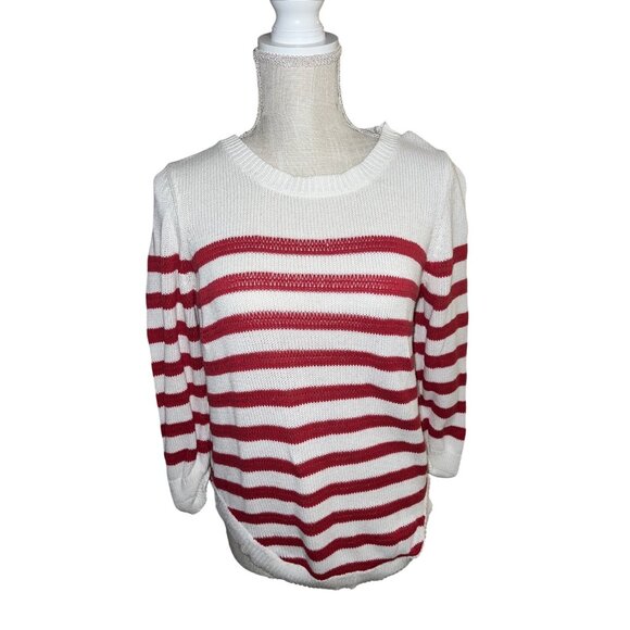 Notations Red & White Striped Knit Sweater With 3/4 Sleeves size L - Picture 1 of 4